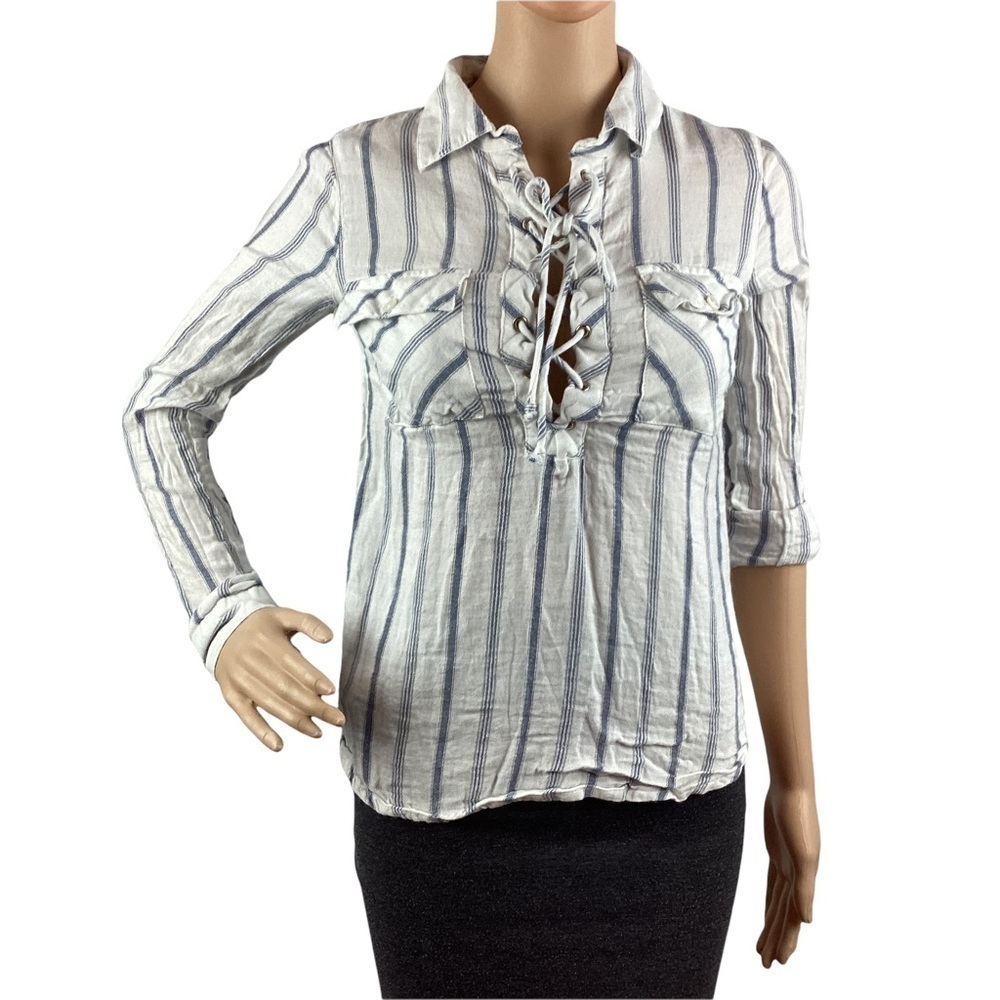 Sky and Sparrow Top Size XS Blue Stripe Lace Up Long Sleeve Roll Tab